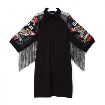 New 2019 Women Black Shirt Dress 3/4 Mesh Sleeved Embroidery Patches amp; Sashes Lady Cute Midi Party Club Wear Dress vestidos 3398