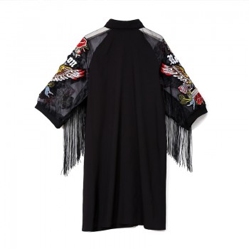 New 2019 Women Black Shirt Dress 3/4 Mesh Sleeved Embroidery Patches amp; Sashes Lady Cute Midi Party Club Wear Dress vestidos 3398