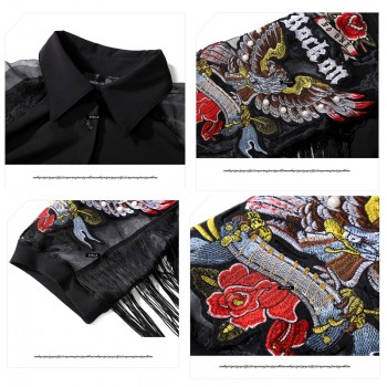 New 2019 Women Black Shirt Dress 3/4 Mesh Sleeved Embroidery Patches amp; Sashes Lady Cute Midi Party Club Wear Dress vestidos 3398