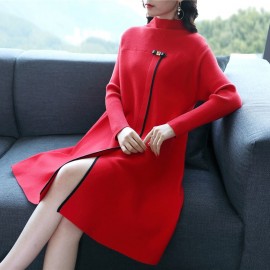 2018 new fashion autumn and winter womens long-sleeved knitted sweater dress turtleneck Chinese Style split side red dresses