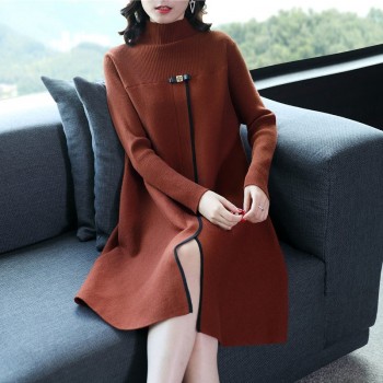 2018 new fashion autumn and winter womens long-sleeved knitted sweater dress turtleneck Chinese Style split side red dresses