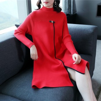 2018 new fashion autumn and winter womens long-sleeved knitted sweater dress turtleneck Chinese Style split side red dresses