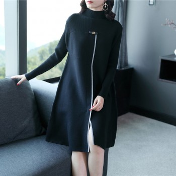 2018 new fashion autumn and winter womens long-sleeved knitted sweater dress turtleneck Chinese Style split side red dresses