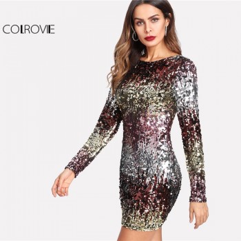 COLROVIE Iridescent Sequin Dress Round Neck Long Sleeve Sexy Party Dress With Zipper Women Clothing Sheath Autumn Short Dress