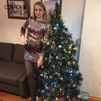 COLROVIE Iridescent Sequin Dress Round Neck Long Sleeve Sexy Party Dress With Zipper Women Clothing Sheath Autumn Short Dress