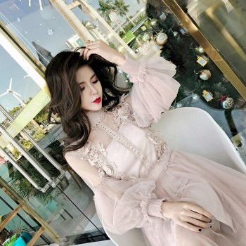 Stand-Neck Long-Sleeved Party Dresses Women Sweet Mesh Streetwear Mid-Calf Dress Female 2018 Summer Lace Dress Vestidos