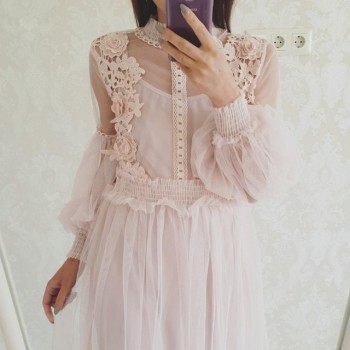 Stand-Neck Long-Sleeved Party Dresses Women Sweet Mesh Streetwear Mid-Calf Dress Female 2018 Summer Lace Dress Vestidos