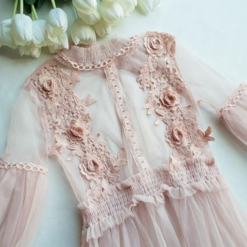 Stand-Neck Long-Sleeved Party Dresses Women Sweet Mesh Streetwear Mid-Calf Dress Female 2018 Summer Lace Dress Vestidos
