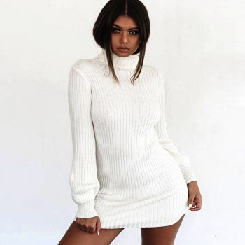 BEFORW Long Sleeve Turtleneck Knitted Dress Women Casual Autumn Winter Sweater Dress Female Sexy Elegant Pullover Mini Dresses