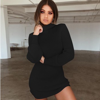 BEFORW Long Sleeve Turtleneck Knitted Dress Women Casual Autumn Winter Sweater Dress Female Sexy Elegant Pullover Mini Dresses