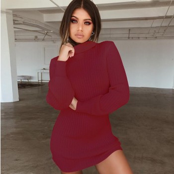 BEFORW Long Sleeve Turtleneck Knitted Dress Women Casual Autumn Winter Sweater Dress Female Sexy Elegant Pullover Mini Dresses