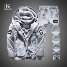 Winter Inner Fleece Hoodies Men 2018 Casual Hooded Warm Sweatshirts Male Thicken Tracksuit 2PC Jacket+Pant Men Moleton Masculino