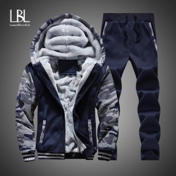 Winter Inner Fleece Hoodies Men 2018 Casual Hooded Warm Sweatshirts Male Thicken Tracksuit 2PC Jacket+Pant Men Moleton Masculino