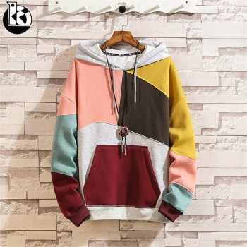 2018 Winter Large Size Loose Plus Velvet Hooded Long Sleeve Hoodie Men Fashion Casual Creative Color Block Stitching Mens Hoodie