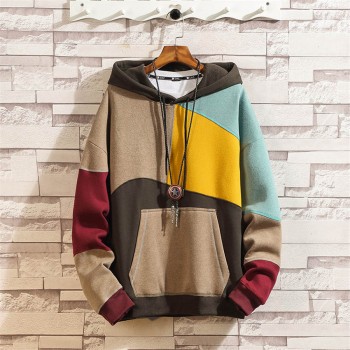 2018 Winter Large Size Loose Plus Velvet Hooded Long Sleeve Hoodie Men Fashion Casual Creative Color Block Stitching Mens Hoodie