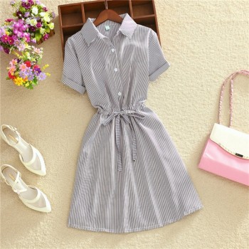 2019 Elegant Office Summer Dress Shirt Elegant Blue Stripped Cotton Turn Down Collar Wear to Work Shirts Women Dresses #BD728