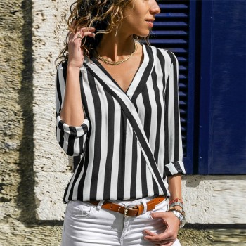 Women Striped Blouse Shirt Long Sleeve Blouse V-neck Shirts Casual Tops Blouse et Chemisier Femme Blusas Mujer de Moda 2018