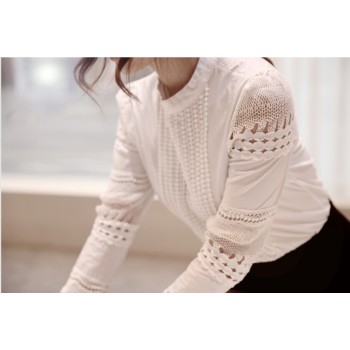 New Women Blouses Slim Bottoming Long-sleeved White Shirt Lace Hook Flower Hollow Plus Size S-5XL