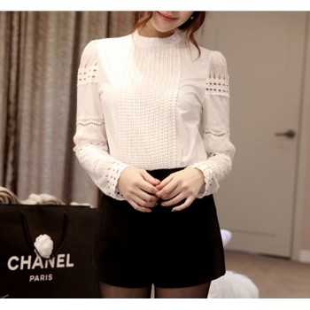 New Women Blouses Slim Bottoming Long-sleeved White Shirt Lace Hook Flower Hollow Plus Size S-5XL