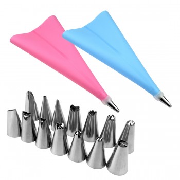 16 Pcs/Set Silicone Icing Piping Cream Pastry Bag +14PCS Stainless Steel Nozzle Pastry Tips Converter DIY Cake Decorating Tools