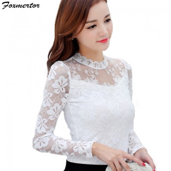 Femininas Blusas 2019 Women Blouses Spring Autumn Fashion Sexy Slim Shirt Tops Lace Long Sleeve O-Neck Leisure Black/White S-5XL