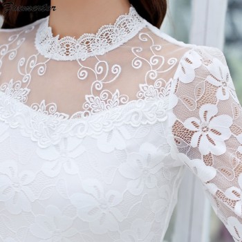 Femininas Blusas 2019 Women Blouses Spring Autumn Fashion Sexy Slim Shirt Tops Lace Long Sleeve O-Neck Leisure Black/White S-5XL