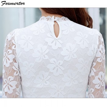 Femininas Blusas 2019 Women Blouses Spring Autumn Fashion Sexy Slim Shirt Tops Lace Long Sleeve O-Neck Leisure Black/White S-5XL