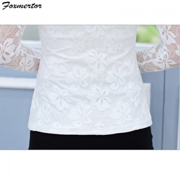 Femininas Blusas 2019 Women Blouses Spring Autumn Fashion Sexy Slim Shirt Tops Lace Long Sleeve O-Neck Leisure Black/White S-5XL