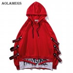 Aolamegs Hoodies Men Fake 2 Pieces Ribbons Hooded High Street Pullover Sweatshirt Men Fashion Hip Hop Streetwear Hoodie Autumn