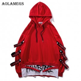 Aolamegs Hoodies Men Fake 2 Pieces Ribbons Hooded High Street Pullover Sweatshirt Men Fashion Hip Hop Streetwear Hoodie Autumn