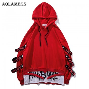 Aolamegs Hoodies Men Fake 2 Pieces Ribbons Hooded High Street Pullover Sweatshirt Men Fashion Hip Hop Streetwear Hoodie Autumn