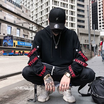 Aolamegs Hoodies Men Fake 2 Pieces Ribbons Hooded High Street Pullover Sweatshirt Men Fashion Hip Hop Streetwear Hoodie Autumn