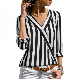 Women Chiffon Blouse 2018 Summer Elegant Striped V-Neck Blouse Shirt Loose Casual Tops Blusas Camisas Mujer Plus Size S-3XL
