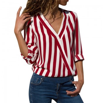 Women Chiffon Blouse 2018 Summer Elegant Striped V-Neck Blouse Shirt Loose Casual Tops Blusas Camisas Mujer Plus Size S-3XL