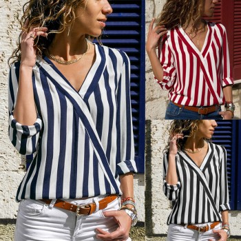 Women Chiffon Blouse 2018 Summer Elegant Striped V-Neck Blouse Shirt Loose Casual Tops Blusas Camisas Mujer Plus Size S-3XL