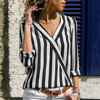 Women Chiffon Blouse 2018 Summer Elegant Striped V-Neck Blouse Shirt Loose Casual Tops Blusas Camisas Mujer Plus Size S-3XL