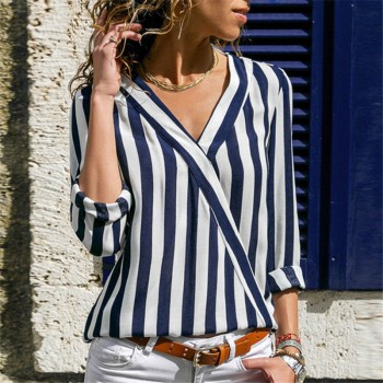 Women Chiffon Blouse 2018 Summer Elegant Striped V-Neck Blouse Shirt Loose Casual Tops Blusas Camisas Mujer Plus Size S-3XL