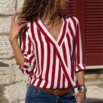 Women Chiffon Blouse 2018 Summer Elegant Striped V-Neck Blouse Shirt Loose Casual Tops Blusas Camisas Mujer Plus Size S-3XL
