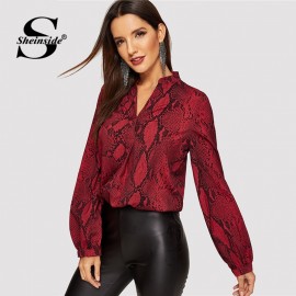 Sheinside Women Blouses Shirts Office Ladies V Cut Choker Neck Snake Print Blouse Female Autumn Long Sleeve Shirt Womens Tops
