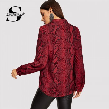 Sheinside Women Blouses Shirts Office Ladies V Cut Choker Neck Snake Print Blouse Female Autumn Long Sleeve Shirt Womens Tops