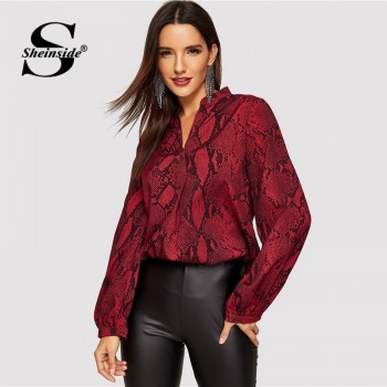 Sheinside Women Blouses Shirts Office Ladies V Cut Choker Neck Snake Print Blouse Female Autumn Long Sleeve Shirt Womens Tops