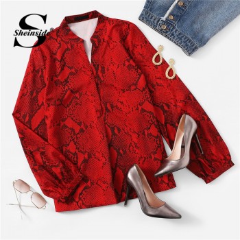 Sheinside Women Blouses Shirts Office Ladies V Cut Choker Neck Snake Print Blouse Female Autumn Long Sleeve Shirt Womens Tops