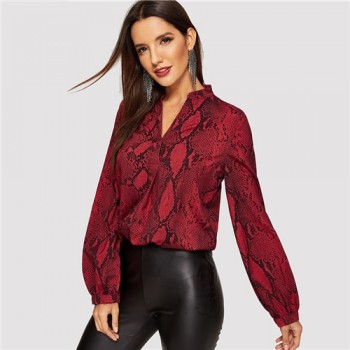 Sheinside Women Blouses Shirts Office Ladies V Cut Choker Neck Snake Print Blouse Female Autumn Long Sleeve Shirt Womens Tops
