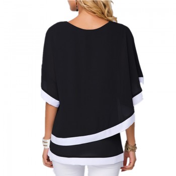 LOSSKY Plus Size S-5XL Chiffon Patchwork Irregular Blouse Shirts Casual Sexy Batwing O Neck Women Summer Blouses Tops Shirt New