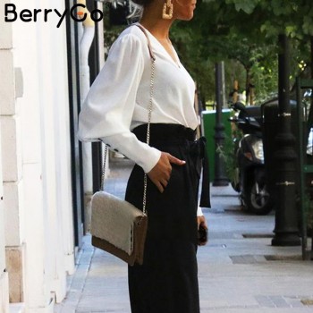 BerryGo Puff sleeve women blouse shirt Button white v neck tops spring 2019 Elegant office lady streetwear blusas women shirts