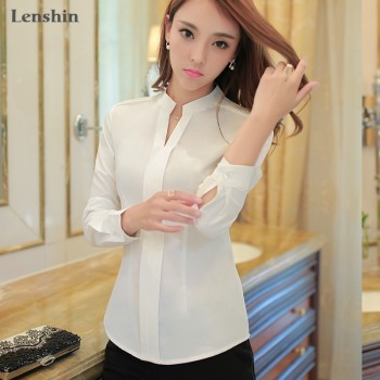 Lenshin Blue Shirt Women Wear Office Lady V-Neck Collar Blouse Professional Top