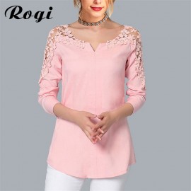 Rogi Summer Lace Chiffon Blouse Women Long Sleeve V-Neck Casual Shirt Tops Elegant Office Ladies Blouses Blusa Mujer Plus Size