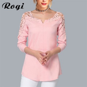 Rogi Summer Lace Chiffon Blouse Women Long Sleeve V-Neck Casual Shirt Tops Elegant Office Ladies Blouses Blusa Mujer Plus Size