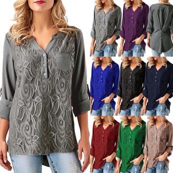Rogi Summer Lace Chiffon Blouse Women Long Sleeve V-Neck Casual Shirt Tops Elegant Office Ladies Blouses Blusa Mujer Plus Size