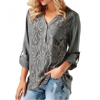 Rogi Summer Lace Chiffon Blouse Women Long Sleeve V-Neck Casual Shirt Tops Elegant Office Ladies Blouses Blusa Mujer Plus Size